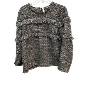 Womens Fringe Tweed Long Sleeve Top‎ Crew Neck Blouse Casual Boho XL